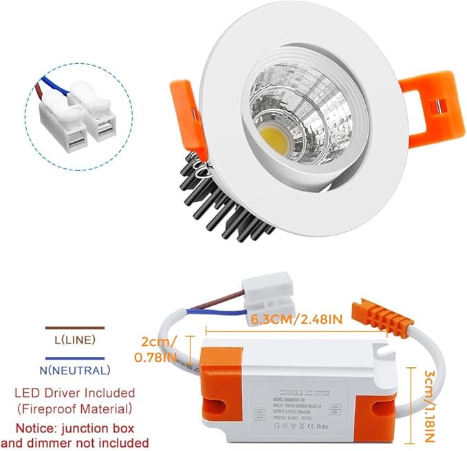 2Inch LED Recessed Ceiling Light, 3W Dimmable LED Downlight, 60 Beam Angle COB Recessed Lights with Driver, Warm White 3000K, 25W Halogen Bulbs Equivalent for Ceiling Lighting,White 6 Pack