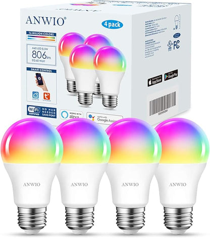 ANWIO Smart Light Bulbs 8.5W (60W Replacement) A19 E26 LED Bulb Work with Alexa, Google Assistant, Smart Life App, Tuya App, Color Changing Light Bulb,806LM,2.4Ghz only，No Hub Required（4-Pack）