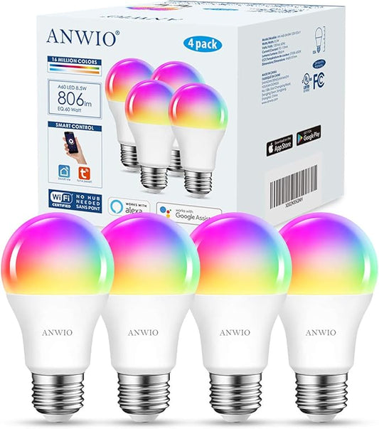 ANWIO Smart Light Bulbs 8.5W (60W Replacement) A19 E26 LED Bulb Work with Alexa, Google Assistant, Smart Life App, Tuya App, Color Changing Light Bulb,806LM,2.4Ghz only，No Hub Required（4-Pack）