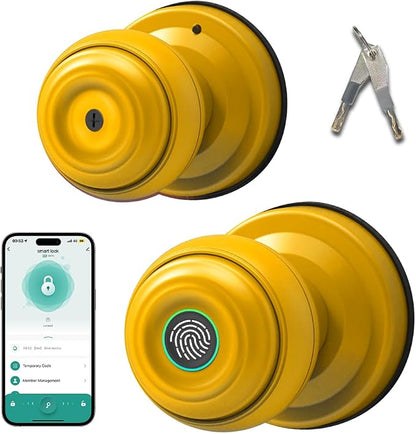Smart Fingerprint Door Lock Knob, Tuya App Keyless Entry, Yellow | Biometric Handle, Auto Lock, Remote Access, Backup Key, Easy Installation