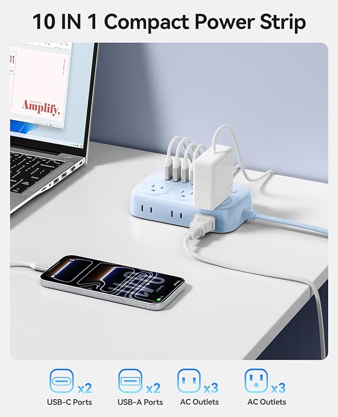 ORICO Surge Protector Power Strip, PD20W Multiple Outlets Extension Cord with 6 AC Outlets and 4 USB Charging Ports (2 USB-C), 45° Flat Plug, 10 Ft Mountable Outlet Extender for Home/Office/Dorm - OG
