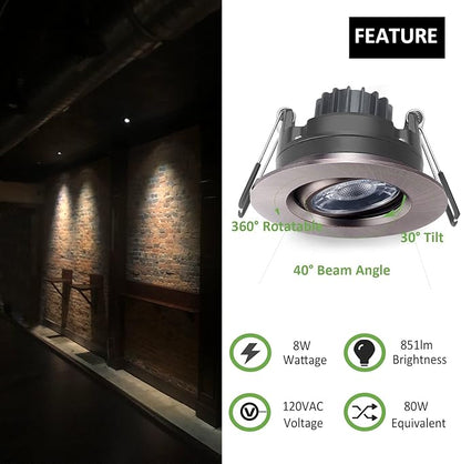 POPANU Premium Canless Recessed Gimbal Downlight Rotatable-Spotlight 5 CCT 3 Inch Eyeball Ceilling Potlight, Dimmable Recessed Lights Fixture with Junction Box, 8W, Oil Rubbed Bronze, 6P