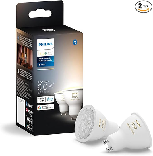 Philips Hue White Ambiance 2-Pack LED Smart GU10 Bulb, Bluetooth & Zigbee Compatible (Hue Hub Optional), Voice Activated with Alexa