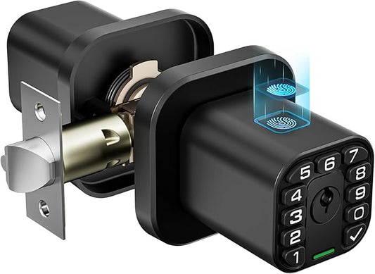 Richelock Fingerprint Door knob, Smart Biometric Door Lock with Keypad, Keyless Entry Code Door Knob, Waterproof & Weatherproof , Auto Lock ,Voice Navigation, For Bedroom, Gate,Office -Matte Black