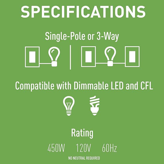 Legrand Pass & Seymour Wide Slide Series Single Pole/3-Way Paddle Slide LED Dimmer Light Switch, Preset for CFL/LED/Incandescent Bulbs, Tri-Color
