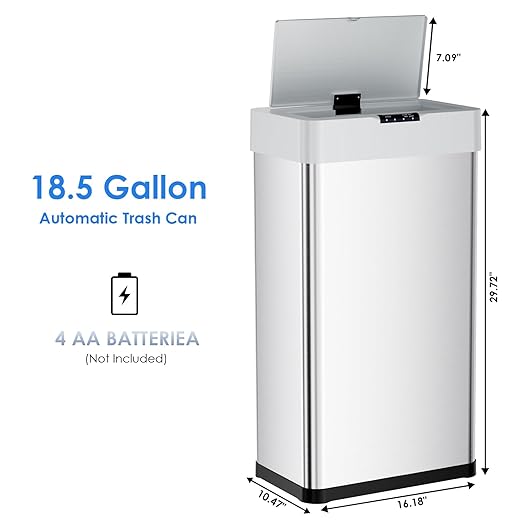 Sensor Trash Can, Touchless Motion Sensor Trash Bin, Smart Automatic Garbage Can with Soft-Close Lid, Bag Retainer Ring and Display Light,for Kitchen,Living Room Office (Silver, 18.5 Gal)