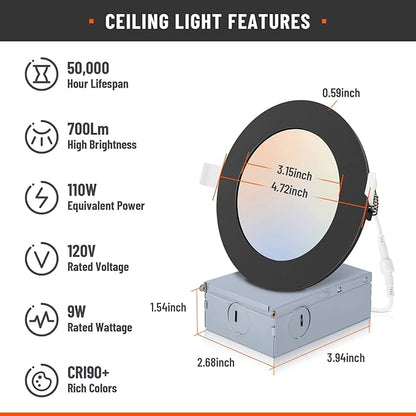 6 Pack Recessed Lighting 4 Inch with Junction Box, 5CCT 4 Inch Black LED Recessed Lights Dimmable 2700K/3000K/4000K/5000K/6000K, 9W 700lm Ultra Thin Recessed Lighting - ETL and Energy Star Certified