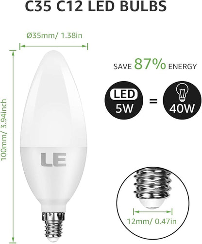 Lepro E12 LED Candelabra Light Bulbs, 5.5 watt, 40 watt Equivalent C37 B11 Ceiling Fan Bulb Chandelier Bulbs, 2700 Kelvin Warm White Type B Small Base Candle Lights, Frosted Plastic Shell, 3-Pack