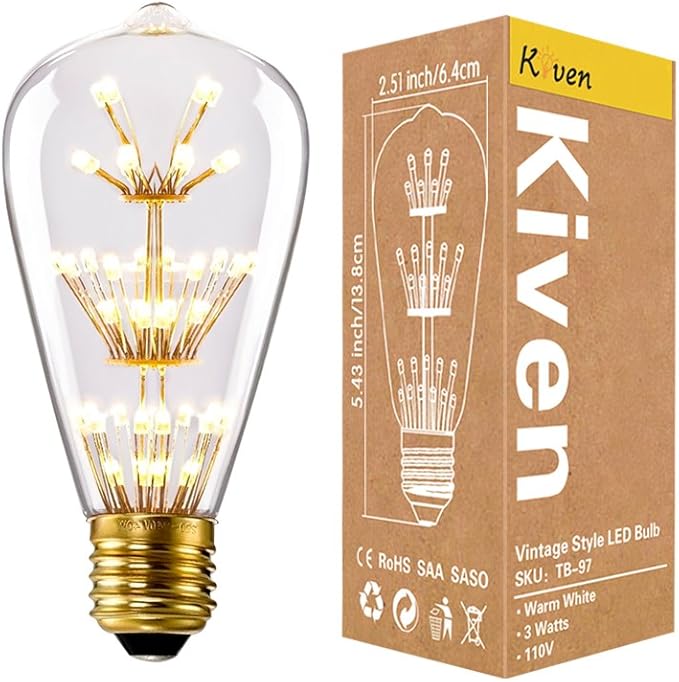 Kiven 3w LED Decorative Vintage Edison Bulbs Antique Style E26 110v Light Bulb Prefer for Indoor Outdoor Pendant Light(Package:1 Pcs)