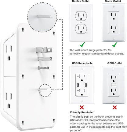 Wall Outlet Extender with Night Light, Power Plug Adapter 6 Outlet Extender with 4 USB Charging Ports 1050J Power Strip Multi Plug Adapter Spaced for Home Travel Office (2U2C)