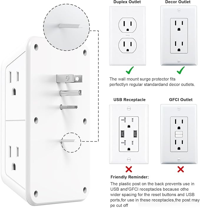 Outlet Extender with Night Light, Multi Plug Outlet Surge Protector,6 Outlet Splitter with 4 USB Outlet (2 USB A,2 USB C) 3 Sided Multi Plug Wall Adapter Power Strip for Home Travel Office 2 Pack