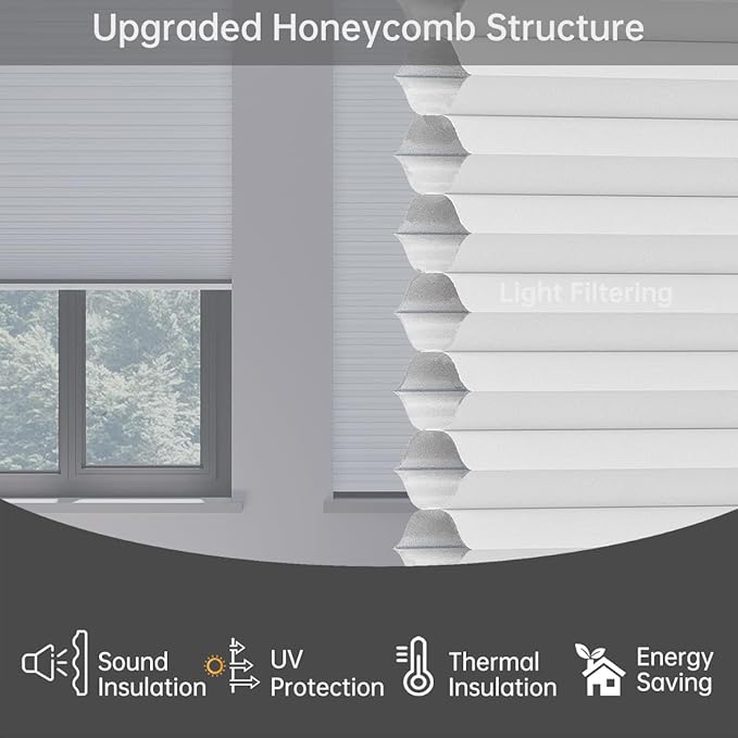Cellular Shades Light Filtering Honeycomb Blinds for Indoor Windows, Cordless Cellular Shades 1.5 inch Cell Pleated for Bedroom Home Office, Custom Size, Half Shading White