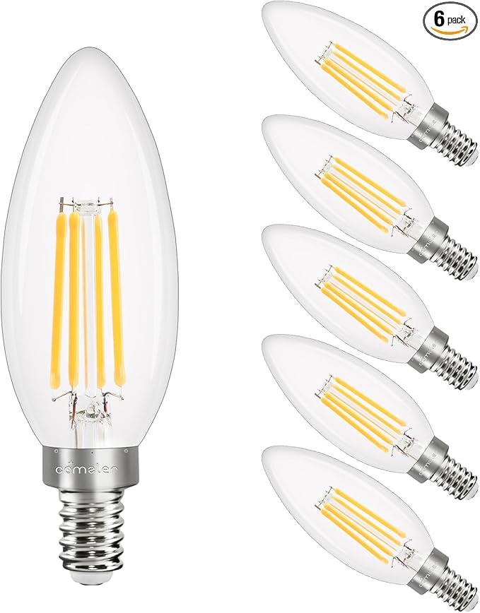 comzler E12 LED Candelabra Bulb Dimmable, 3000K Soft White Light 40W Equivalent Chandelier Light Bulbs, C35 B11 Type B 400LM Ceiling Fan Bulbs, Edison Filament Candle Bulbs Candle Lights, 6 Packs