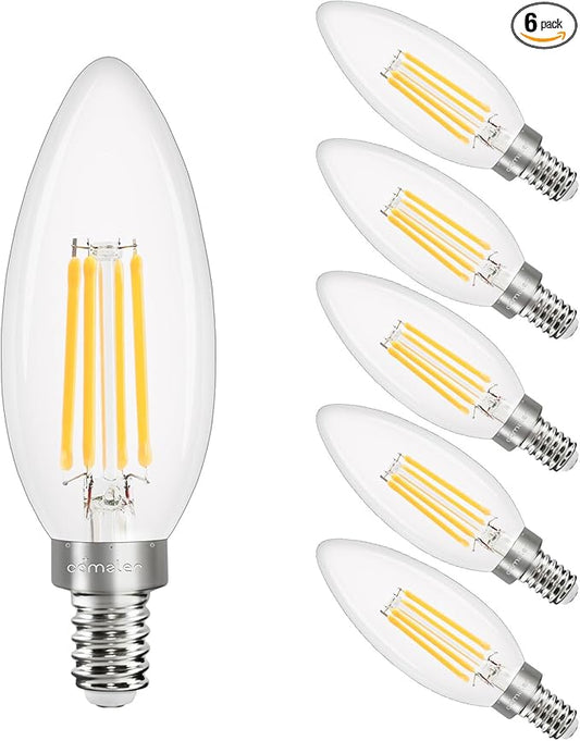 comzler E12 LED Candelabra Bulb Dimmable, 3000K Soft White Light 40W Equivalent Chandelier Light Bulbs, C35 B11 Type B 400LM Ceiling Fan Bulbs, Edison Filament Candle Bulbs Candle Lights, 6 Packs