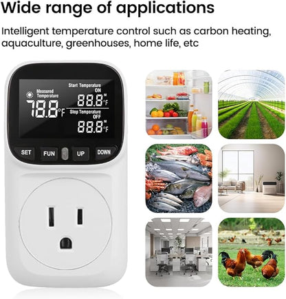 Diymore Digital Plug in Thermostat Outlet Temperature Controller Electric Digital Thermostat Heating Cooling Mode Timer Socket 120V Heating Cooling Control 110V 15A Celsius Fahrenheit Display, White