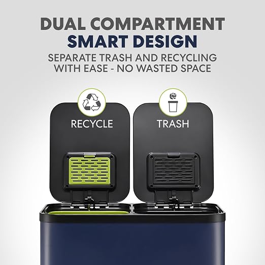 Simpli-Magic 60 Liter / 16 Gallon Rectangular Hands-Free Dual Compartment Recycling Kitchen Step Trash Can with Soft-Close Single Lid, Stainless Steel (30L x 30L Capacity) Blue