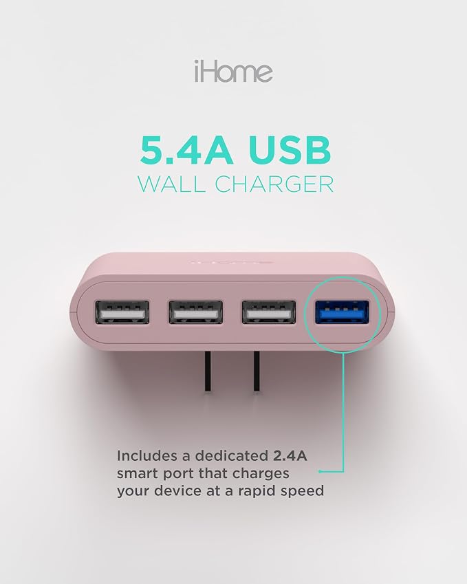 iHome Slim 4-Port USB Wall Charger, Flat Multiport Travel Plug Adapter | Foldable Prongs, 2.4A Rapid Charge Port, Charges iPhone, Android, iPad, AirPods, Travel-Friendly, Charging Block for Home Use