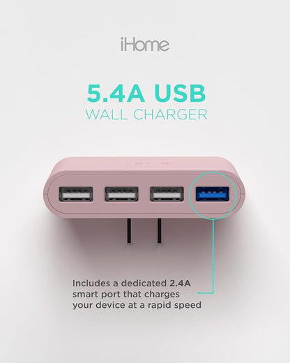 iHome Slim 4-Port USB Wall Charger, Flat Multiport Travel Plug Adapter | Foldable Prongs, 2.4A Rapid Charge Port, Charges iPhone, Android, iPad, AirPods, Travel-Friendly, Charging Block for Home Use