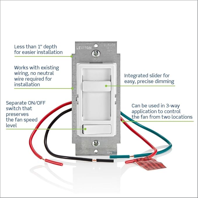 Leviton SureSlide Ceiling Fan Wall Switch, Quiet 3-Speed Fan Control, 1.5 Amps, 661F-10T, Light Almond