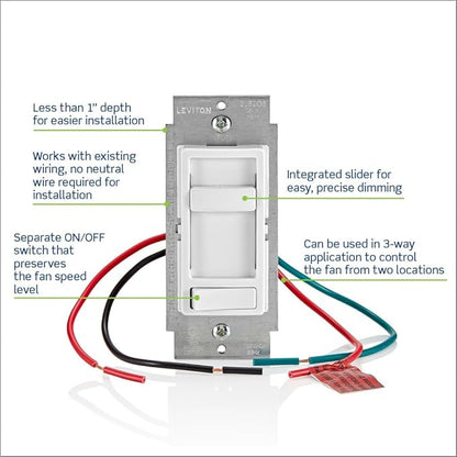 Leviton SureSlide Ceiling Fan Wall Switch, Quiet 3-Speed Fan Control, 1.5 Amps, 661F-10T, Light Almond
