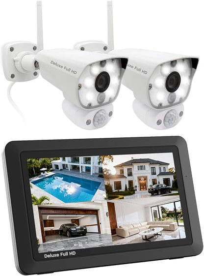 CasaCam Deluxe Wireless Security Camera System | 2 1080p Floodlight Cameras and one 7" Touchscreen Monitor | AC Powered, Two-Way Audio, Free APP, 32GB SD Card and Battery Installed, Model VS5002