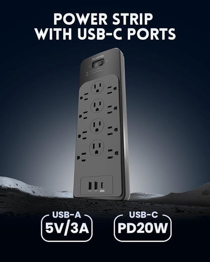 PLUGTUL Surge Protector Power Strip 5FT(4080J), Black Surge Protector with 12 Outlets - Spacious Design for Large Plugs, Flat Plug, 20W USB C Charging for Home, Office, ETL Listed