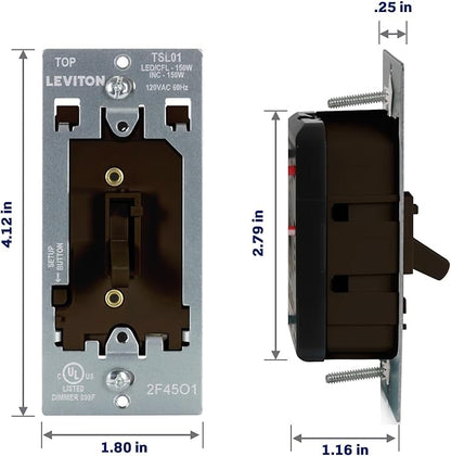 Leviton Toggle Slide LED Advanced Dimmer Switch for 150W Dimmable LED, Halogen and Incandescent Bulbs and Fixtures, TSL01-10B, Brown
