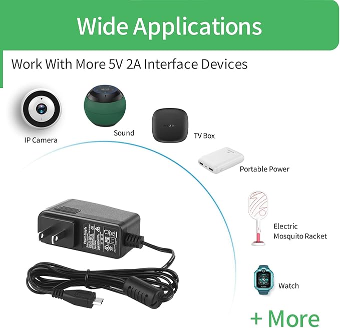 5V 2A Micro USB Power Supply Adapter Charger Compatible with Raspberry Pi 3/3 B+, Pi 2, Zero, Model A A+ B B+, Arduino, ESP32, LED Strip, TV Box, Security Camera