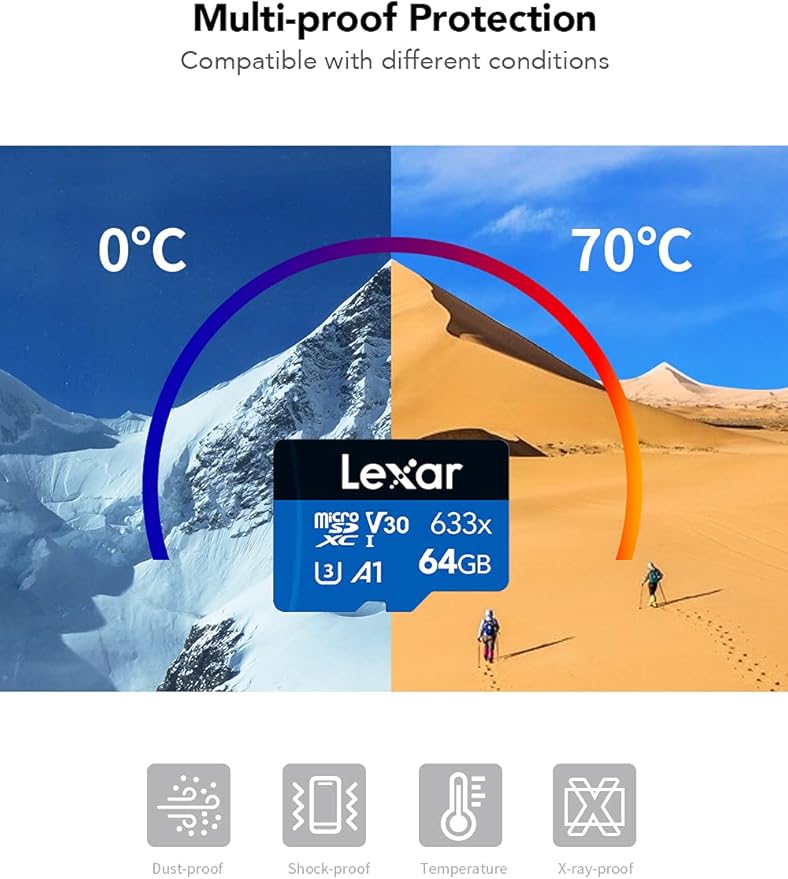 Lexar High-Performance 633x 64GB microSDXC UHS-I Card w/ SD Adapter, C10, U3, V30, A1, Full-HD & 4K Video, Up To 100MB/s Read, for Smartphones, Tablets, and Action Cameras (LSDMI64GBBNL633A)
