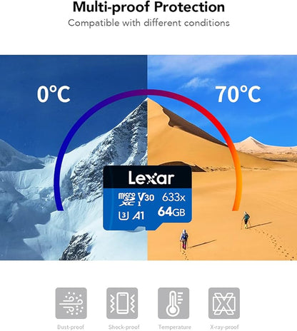 Lexar High-Performance 633x 64GB microSDXC UHS-I Card w/ SD Adapter, C10, U3, V30, A1, Full-HD & 4K Video, Up To 100MB/s Read, for Smartphones, Tablets, and Action Cameras (LSDMI64GBBNL633A)