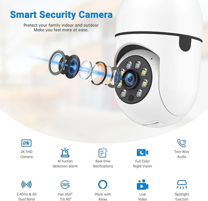 Chpuss Light Bulb Security Camera, 5G& 2.4GHz WiFi Security Cameras Wireless Outdoor for Home Security, 2-Way Audio Color Night Vision, 2-in-1 Lightbulb Socket Camera Motion Detection Siren Alarm
