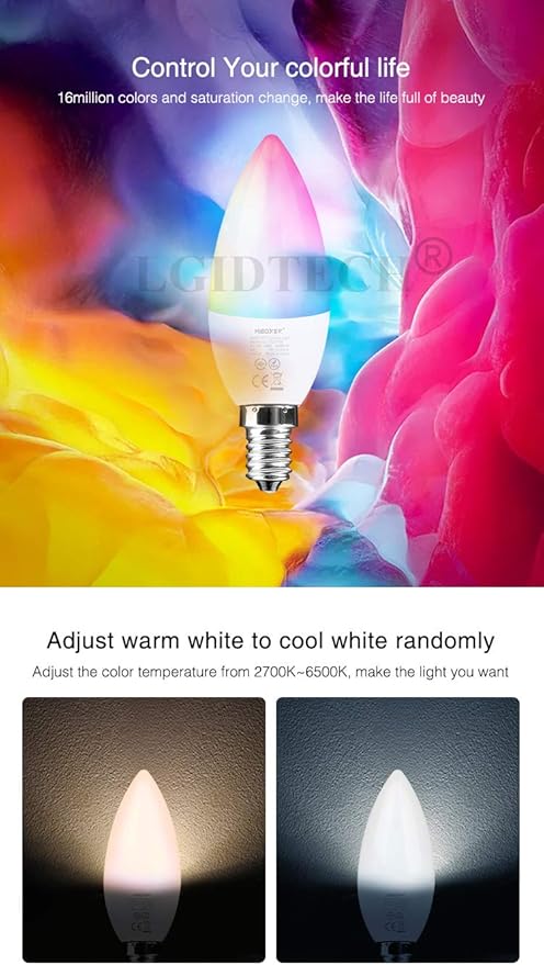 LGIDTECH FUT108 4W E14 LED 2.4GHz Candle Light Bulb AC100-240V RGB+CCT Color and Temperature Changeable,Memory Function.Smartphone APP Control via Gateway(Excluded)