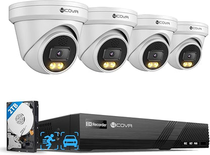 4COVR PoE Security Camera System 4K, 2 Way Audio Talk & Dual Lights Smart Color Night Vision, Person Vehicle Detection, 4X 8MP Dome IP Camera IP67, 8CH 8MP NVR 2TB HDD, 24/7 Home Video, LY97KA8M0804