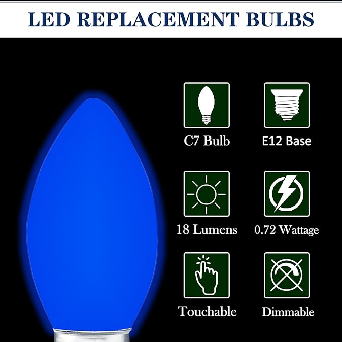 25 Pack C7 Multicolor LED Replaceable Bulbs – Dimmable Multicolor LED Christmas Lights Bulbs, 0.72W Indoor Outdoor Bulbs, Night Light, C7/E12, IP:65