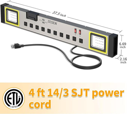 ZESEN 10-Outlet Power Strip with LED Worklight Surge Protector 4ft Cord with Dual Smart USB, Workshop/Garage/Office/Home, ETL Listed