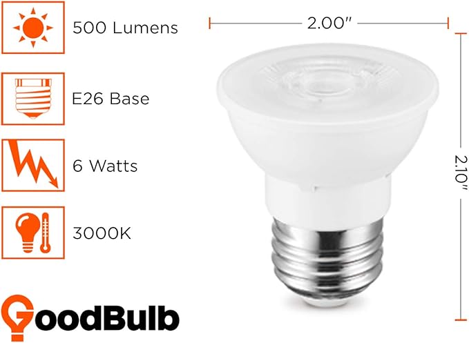 GoodBulb PAR16 LED Light Bulb 6.5-Watt (45W Equivalent), 3000K Warm White Color, 500-Lumens, Fully Dimmable, E26 Base (Pack of 4 Bulbs)