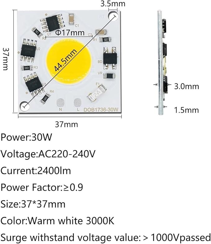 2pcs LED COB Chip 30W 2400lm Lumens Pure White Warm White Light 3000k 6500k 220V Smart IC No Need to Drive Commercial Lighting L(Warm White 3000K)