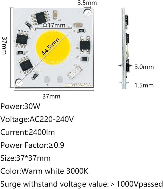 2pcs LED COB Chip 30W 2400lm Lumens Pure White Warm White Light 3000k 6500k 220V Smart IC No Need to Drive Commercial Lighting L(Warm White 3000K)