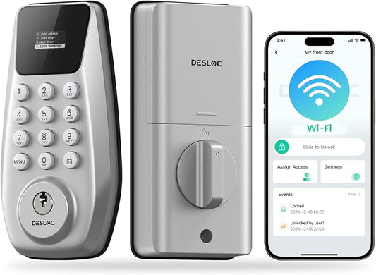 DESLOC C100 Plus Smart Lock with keypad, Built-in WiFi, Visual Display | Keyless Entry Deadbolt with App Control, 100 PIN Codes, IP54 Waterproof, For home & Rental Use, BHMA Grade 3,Silver