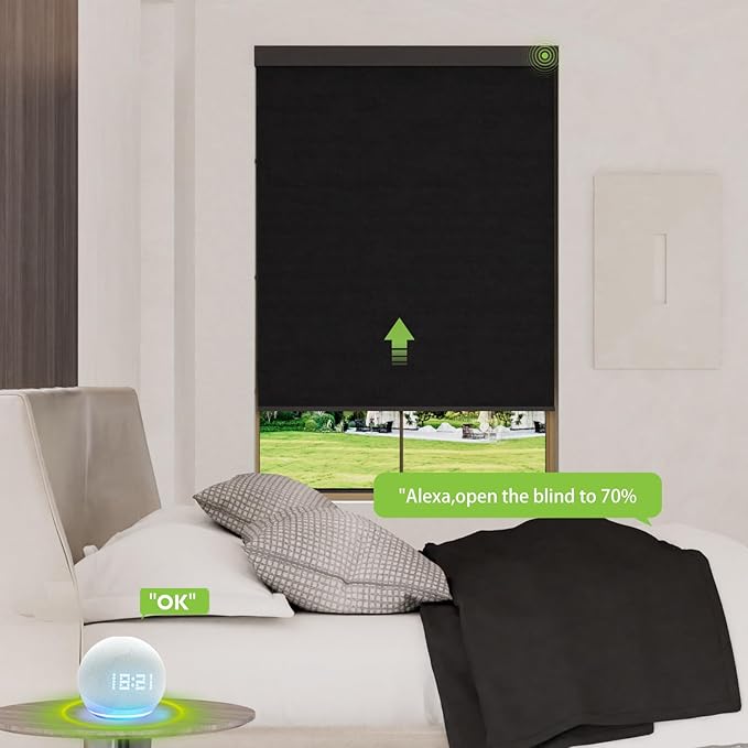 Motorized Blinds with Remote，100% Blackout Smart Blinds Motorized Roller Shades Compatible with Alexa Automatic Blinds for Windows Electric Window Blinds Customized Size Ultra Black Mist