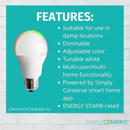 Simply Conserve 60-Watt Equivalent A19 Energy Smart Bluetooth LED Light Bulb 2700-6500 (K) with E26 Base Color Select No Hub (8-Pack)