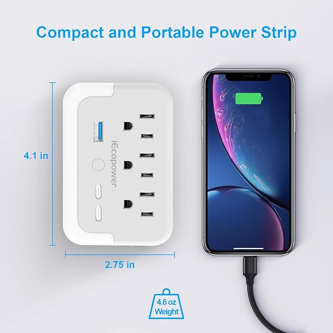2 Pack Compact Outlet Extender with Light Sensor lamp,Multi Plug Wall Outlet with 3 Outlet and 3 USB Ports(2 USB-C Ports && 1 USB-A Port Total 15.5W/3.1A).Power Strip for Home Travel Office-White