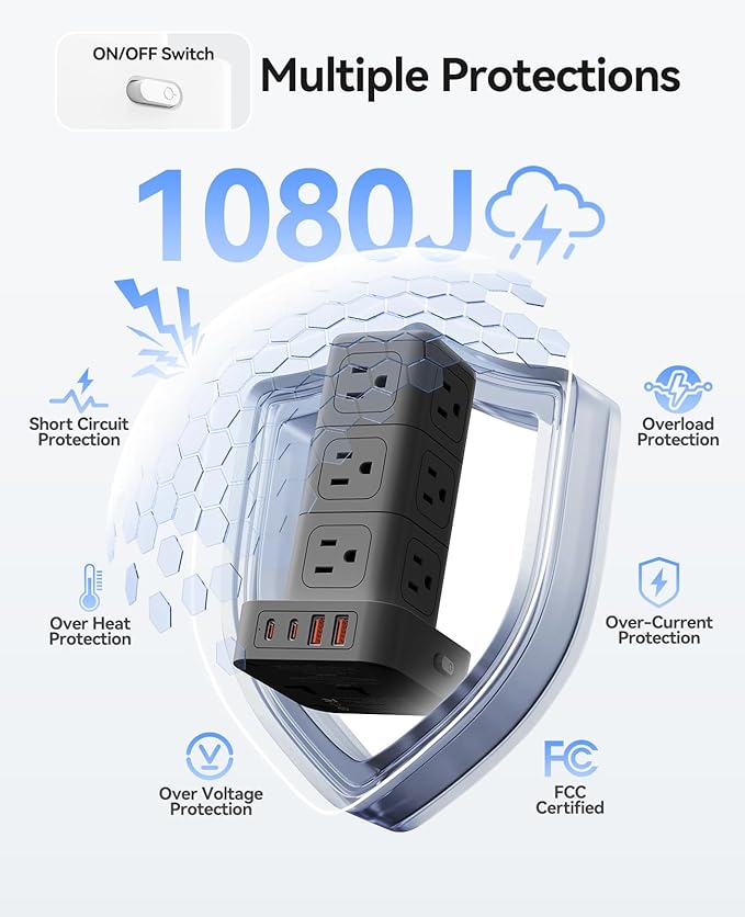 ORICO Tower Power Strip with Surge Protection, Charging Station Tower with 12 AC Outlets 4 USB Ports (2 USB C), Space Saving Design, 5FT Tower Extension Cord for Home, Office, Dorm - TPP20