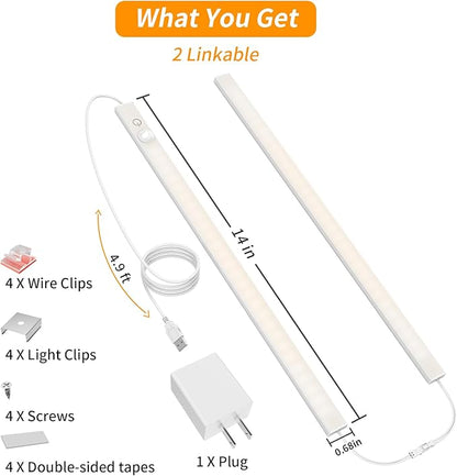 14" Slim USB Plug-in LED Motion Sensor Light Indoor, Bright & Dimmable Under Cabinet Light - 3 Modes (ON/Night/Day) for Kitchen, Cabinet, Closet - 4000K Neutral White, 1 Pack (2 Linkable)