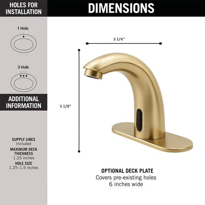 Brushed Gold Touchless Bathroom Sink Faucet - Battery Operated Automatic Motion Sensor Hands Free Faucet with Hot and Cold Mixing Valve