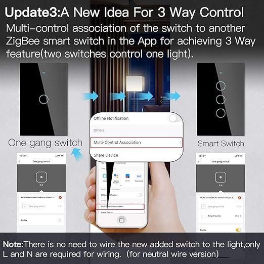 MOES ZigBee Smart Touch Wall Light Switch,Requires Tuya ZigBee Hub,No Neutral Wire/N+L Wiring,No Capacitor,Smart Life Tuya 2/3 Way Remote Control, Work with Alexa Google Home, 2MQTT,1 Gang Black
