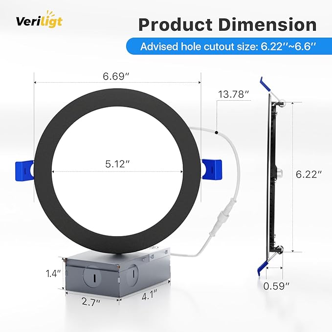 6 Pack 6 Inch 5CCT LED Recessed Light, Silm Canless Recessed Lighting, Dimmable, Damp Rated, 2700K-5000K, Wafer Ceiling Downlight with Junction Box, 1200LM, 12W 120V, Black, ETL&FCC