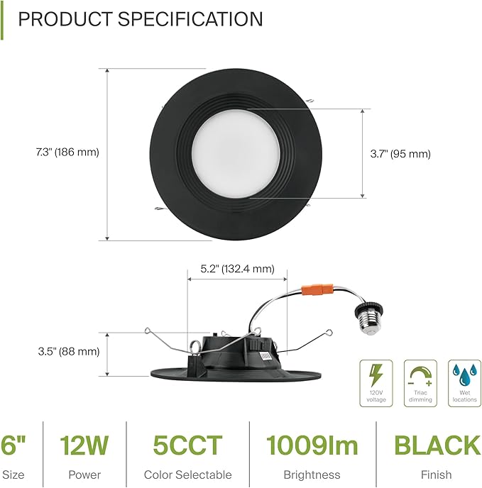 ASD 6 Pack Black Retrofit LED Recessed Lighting 6 Inch - 12W 2700K-5000K 1009LM Can Lights for Ceiling 6 Inch, Dimmable Black Recessed Lights, Baffle Trim Wet Rated Wafer Lights, UL