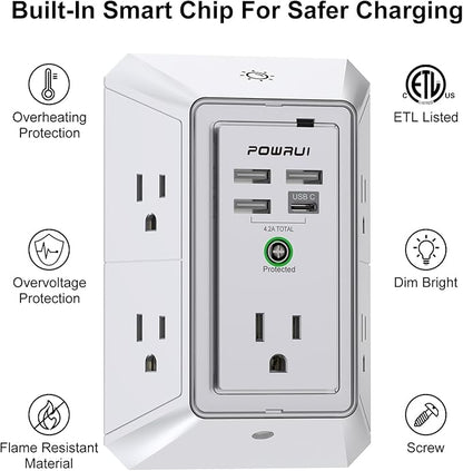 3-Sided Outlet Extender with Night Light - POWRUI Multi Plug Outlet with 5 Outlets and 4 USB Ports(1 USB-C), USB Wall Charger for Home, Office, Travel, ETL Listed, White