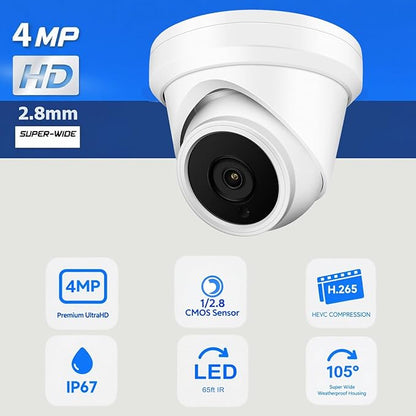4MP PoE IP Turret Dome Camera, 2.8mm Wide Angle, H.265, CCTV Security Camera Outdoor Rated Waterproof IP66,NDAA Compliant (Regular IR)